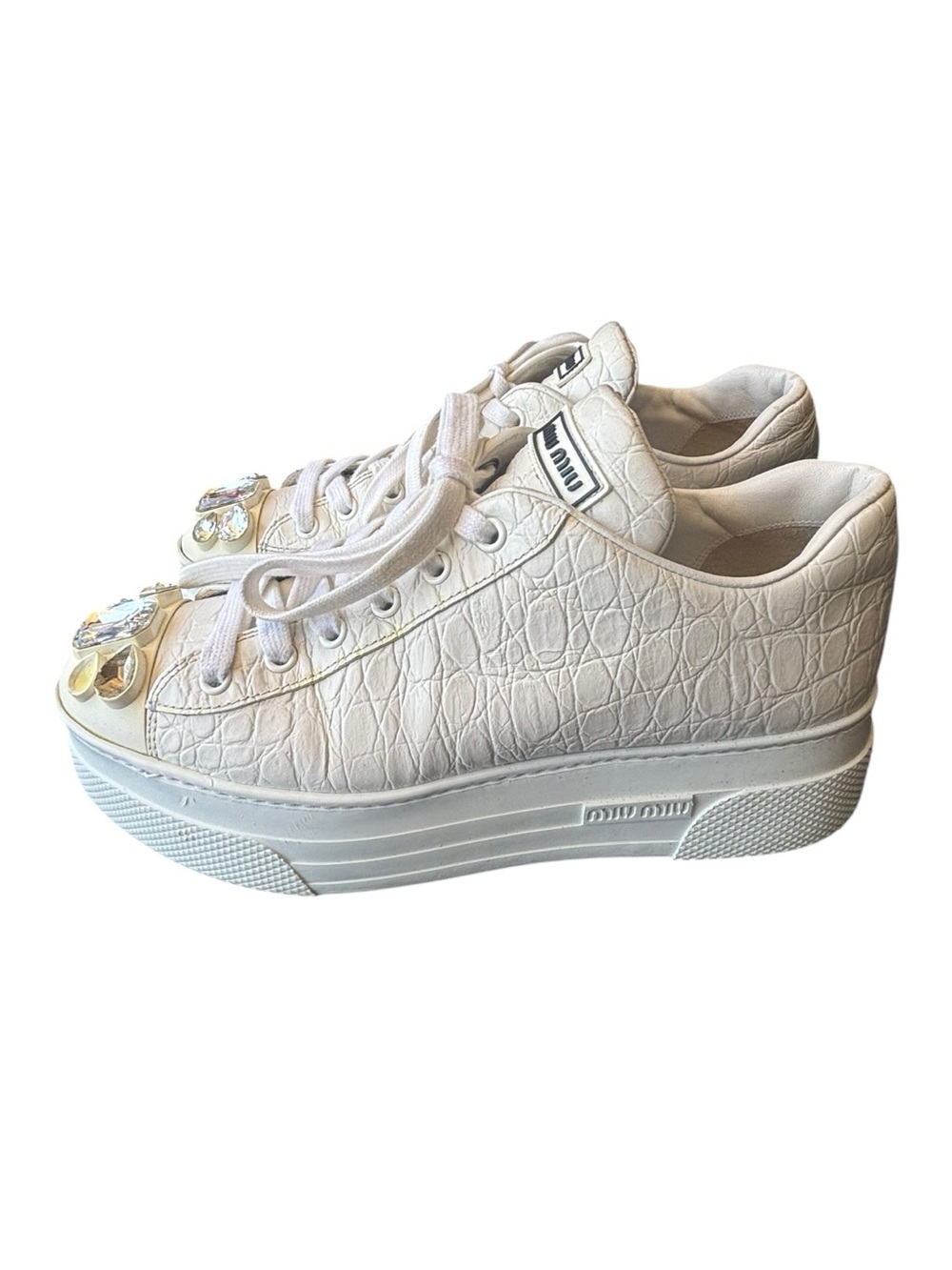 Miu Miu Croc Embossed Embellished Platform Sneakers - Picture 3 of 8